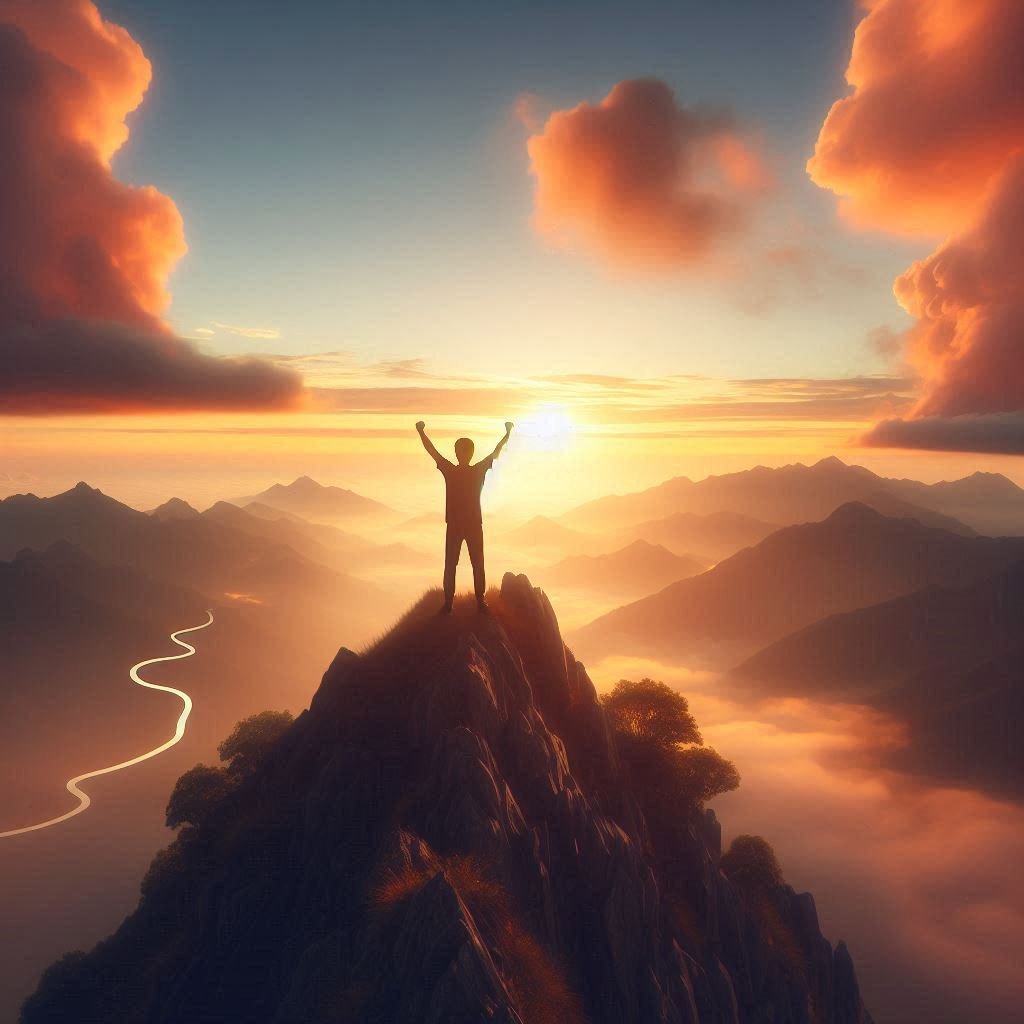 A person standing on a mountain peak at sunrise with arms raised in triumph, symbolizing motivation and the beginning of a health and fitness journey.