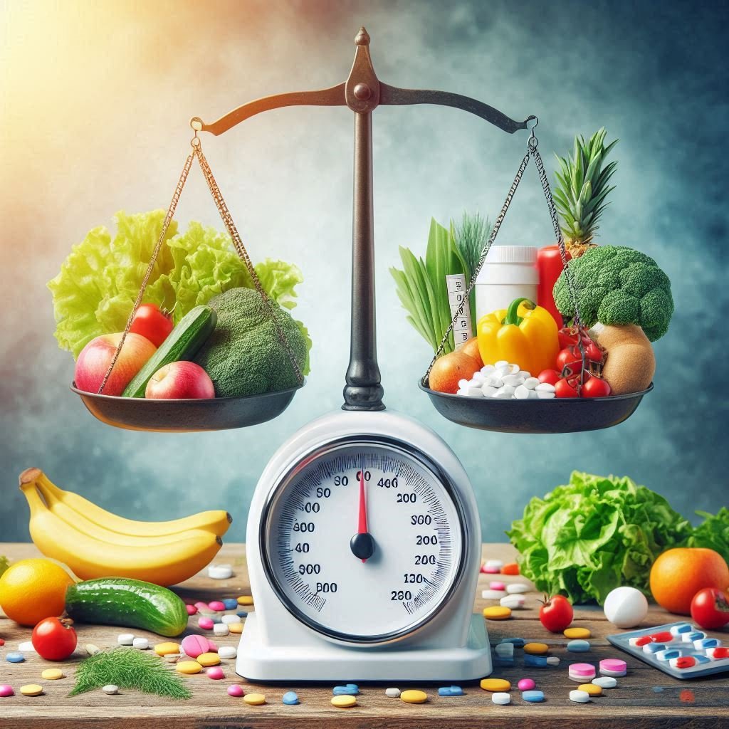 A balanced scale with fresh fruits and vegetables on one side and junk food or diet pills on the other, illustrating the contrast between sustainable weight loss and quick fixes. The background is calm and motivating.