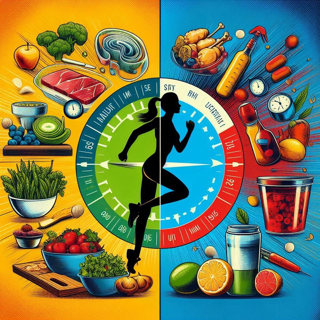 A split image showing a person practicing healthy habits, like meal prep and moderate exercise, on one side, and extreme weight-loss methods, like crash dieting, on the other. The left side uses calming colors, and the right side uses urgent colors.