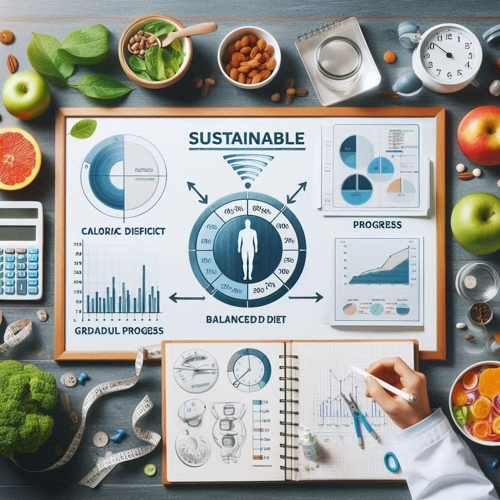 A scientific scene with a whiteboard showing sustainable weight loss steps, like caloric deficit, balanced diet, and gradual progress. Includes visuals like charts, graphs, healthy foods, and an exercise plan.

