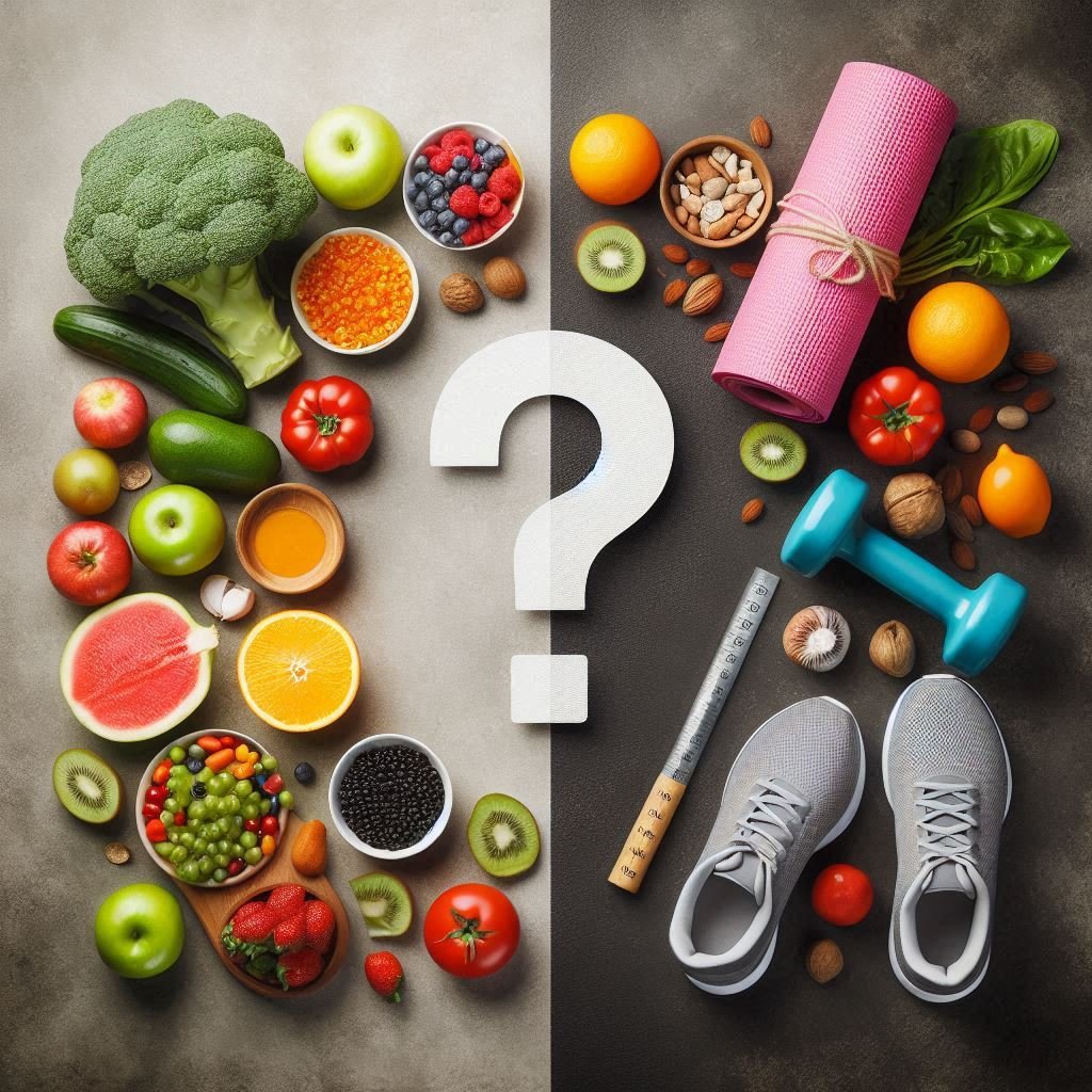 A split image with fresh food items like vegetables on one side and exercise equipment like dumbbells and a yoga mat on the other, highlighting the balance between diet and exercise. A question mark or scale is in the center.