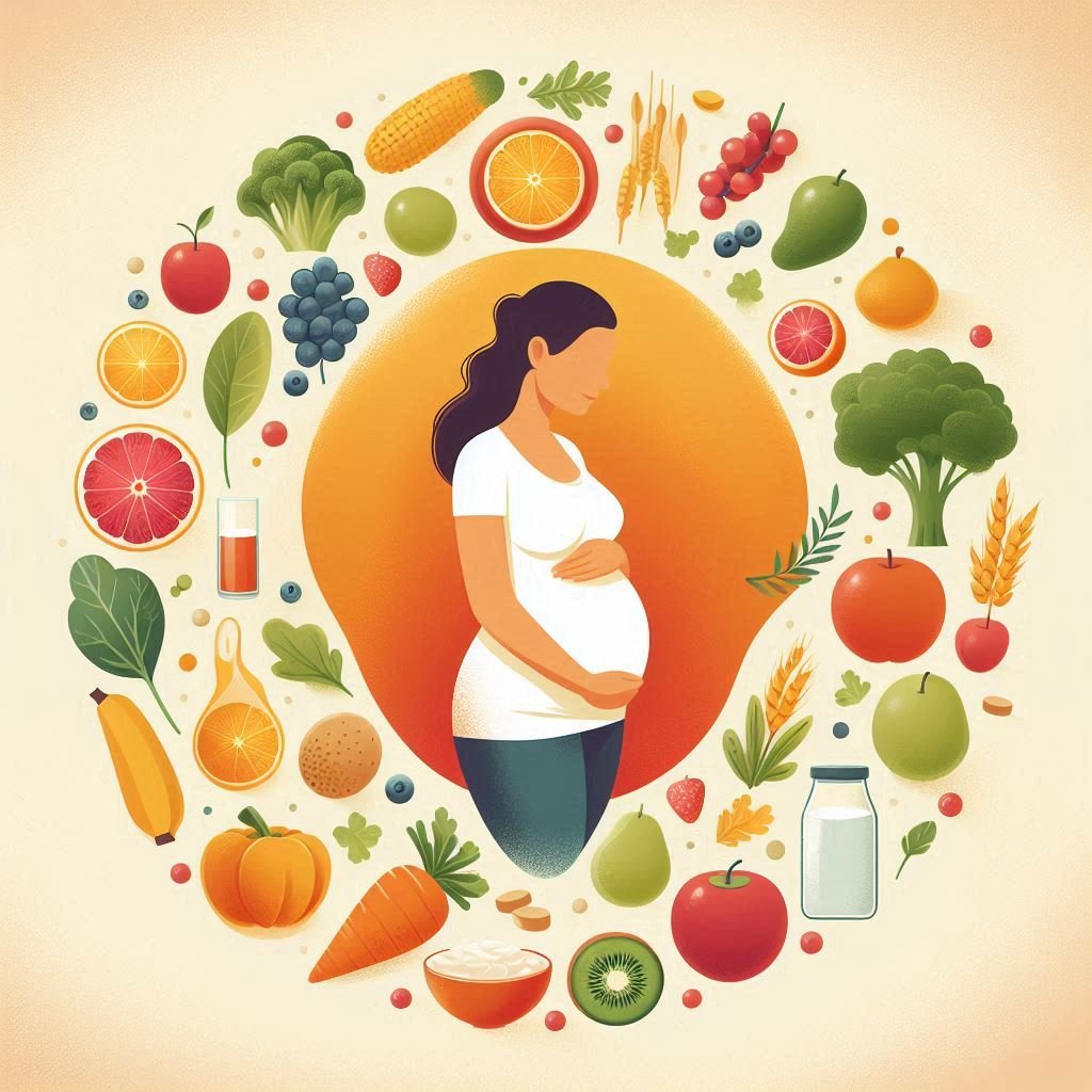 A pregnant woman surrounded by nutritious foods, including fruits, vegetables, dairy, and grains, symbolizing a balanced pregnancy diet.