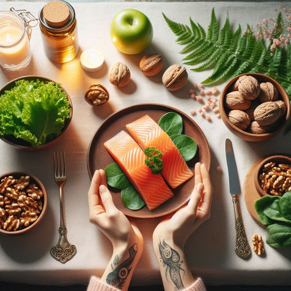 Salmon, walnuts, and leafy greens presented on a table, symbolizing omega-3 rich foods and third-trimester nutrition.