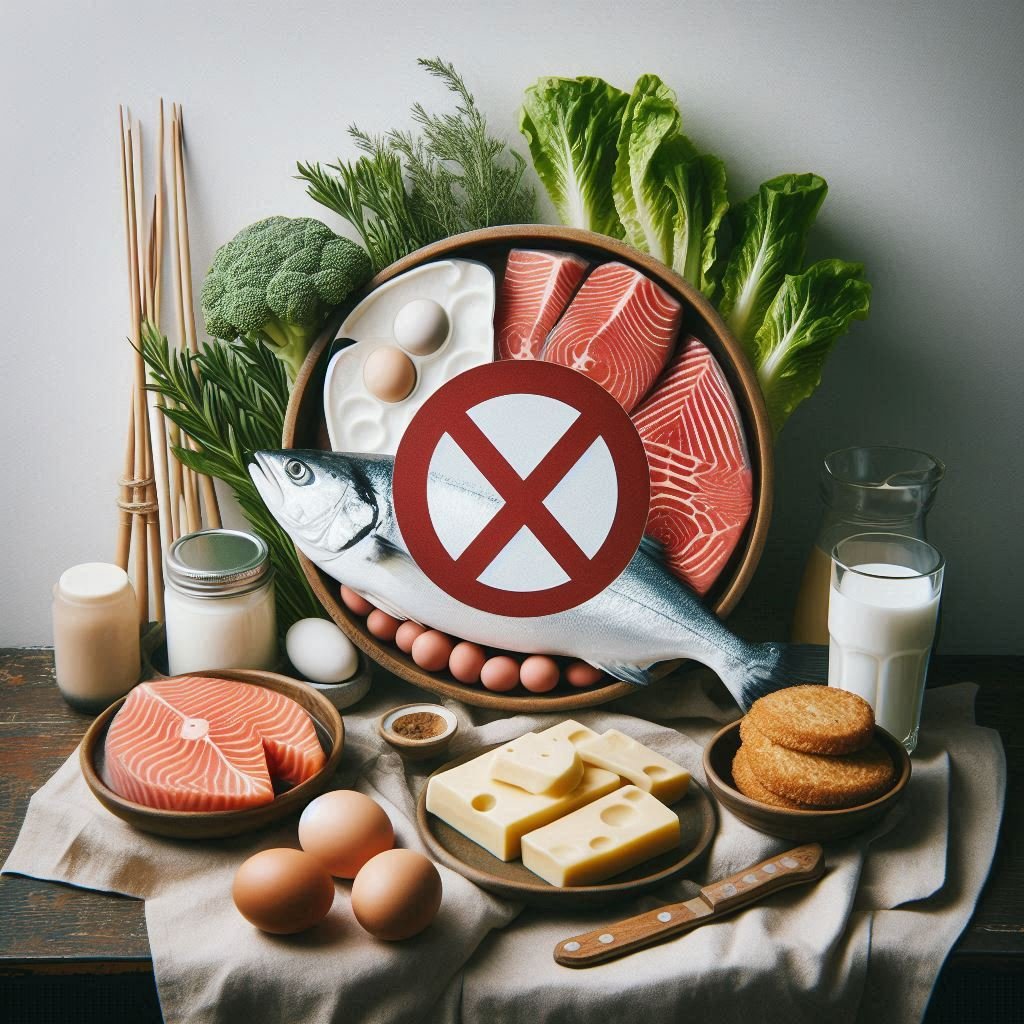 High-mercury fish, unpasteurized dairy, and raw meat on a kitchen counter, each marked with a red caution symbol to indicate foods to avoid during pregnancy.