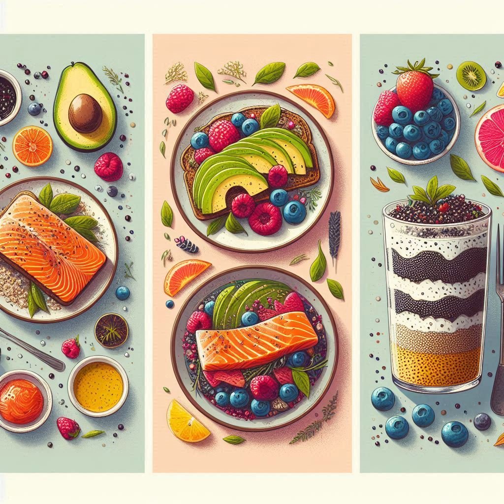 A collage of healthy meal ideas for each trimester, including avocado toast, salmon with quinoa, and chia pudding with berries, representing balanced nutrition.