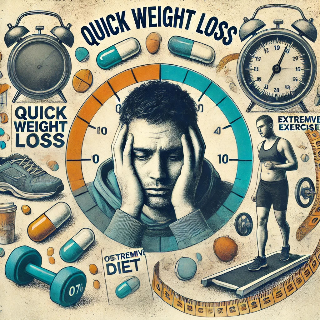 An image showing a tired person surrounded by symbols of unhealthy quick weight loss methods, such as extreme exercise, crash diets, and pills. The colors are muted, reflecting the negative effects of rapid weight loss.