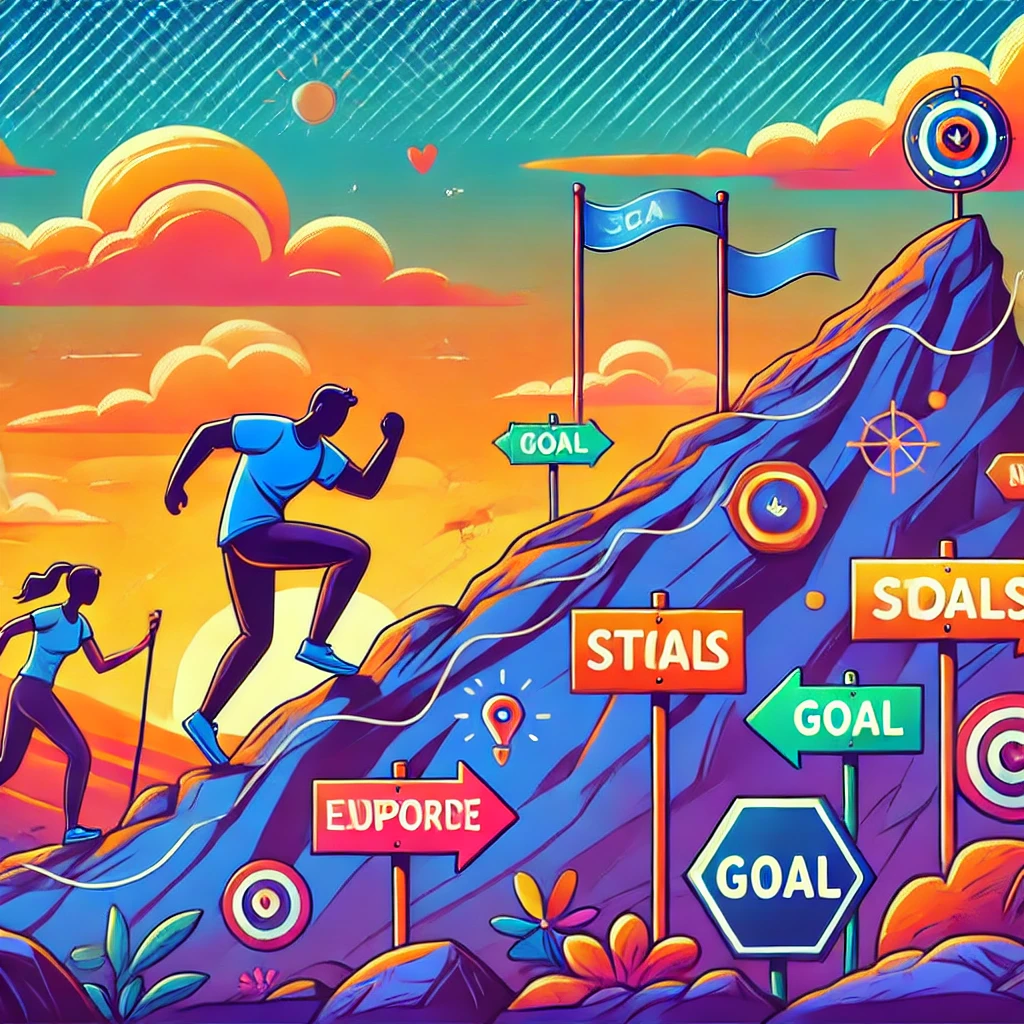 A person climbing a mountain or running toward a goal, with encouragement signs, goal markers, and a supportive friend nearby. Bright colors convey positivity and motivation on the journey.