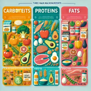 An infographic illustrating the three main macronutrients—carbohydrates, proteins, and fats—with examples of food sources.