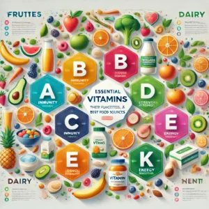 An infographic showcasing essential vitamins, their functions, best food sources, and deficiency symptoms. Includes colorful visuals of fruits, vegetables, dairy, and supplements.