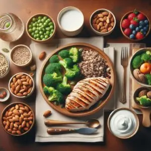 High-protein diet featuring grilled chicken, salmon, eggs, nuts, Greek yogurt, and legumes. A balanced meal plate with protein-rich foods, vegetables, and whole grains for a healthy lifestyle.