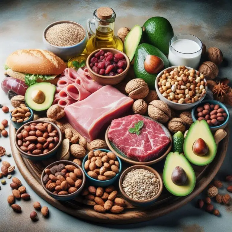 A nutritious, high-calorie meal featuring nuts, avocados, lean meats, and whole grains, designed to support healthy weight gain.