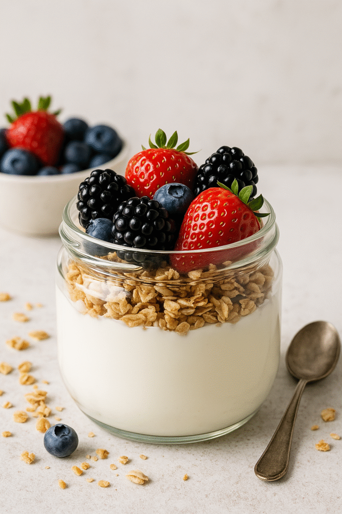 Healthy Breakfast Greek yogurt parfait with berries and granola