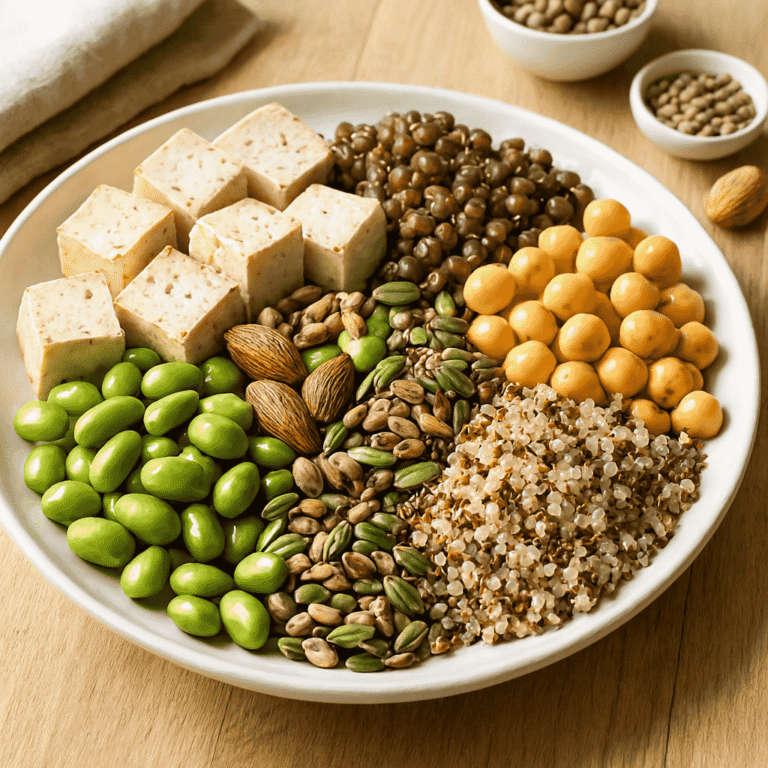 plant based diet with protein including tofu lentils chickpeas quinoa and edamame