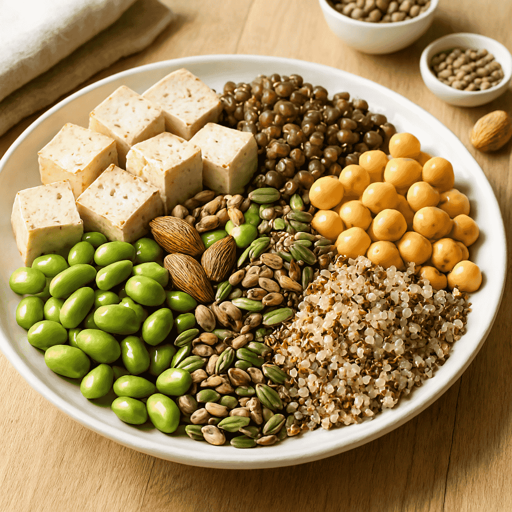 plant based diet with protein including tofu lentils chickpeas quinoa and edamame
