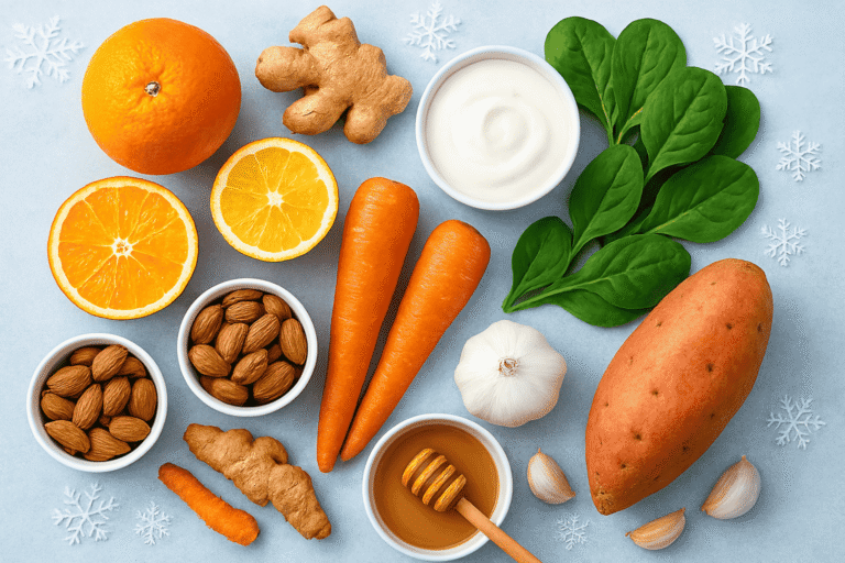 Healthy winter foods including citrus fruits, ginger, garlic, spinach, carrots, almonds, turmeric, honey, sweet potatoes, and yogurt arranged on a table to boost immunity.